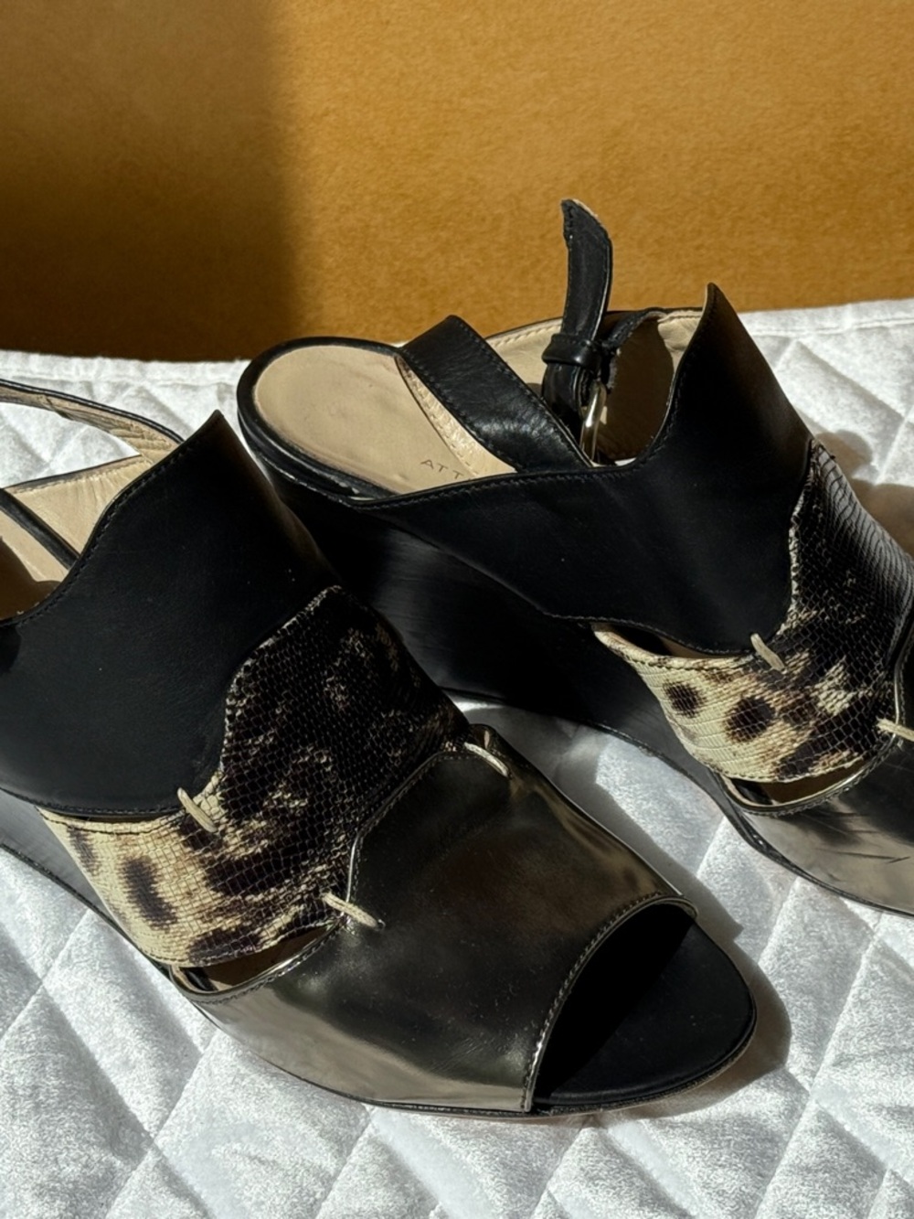 AGL Black Leather Wedge Sandals with Leopard Print Panel - Picture 8 of 10